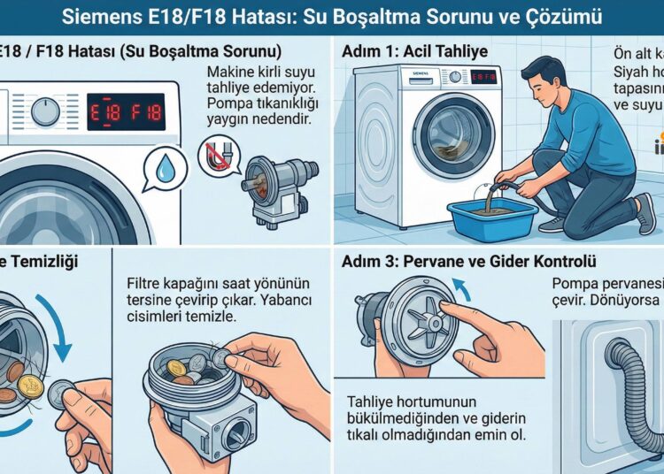 Siemens Çamaşır Makinesi Arıza Teşhis ve Kapsamlı Çözüm Kılavuzu 2 Siemens E18 ve F18 Hatası Su Boşaltma Sorunu